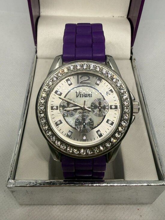 Vivani Accessories - Vivani Women's Silver-Tone Crystal Bezel Purple Rubber Band Analog Quartz Watch
